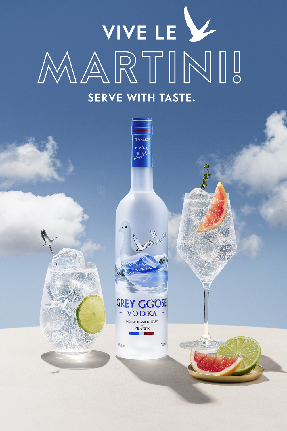 Grey Goose Vive Le Martini campaign with bottle and glassware